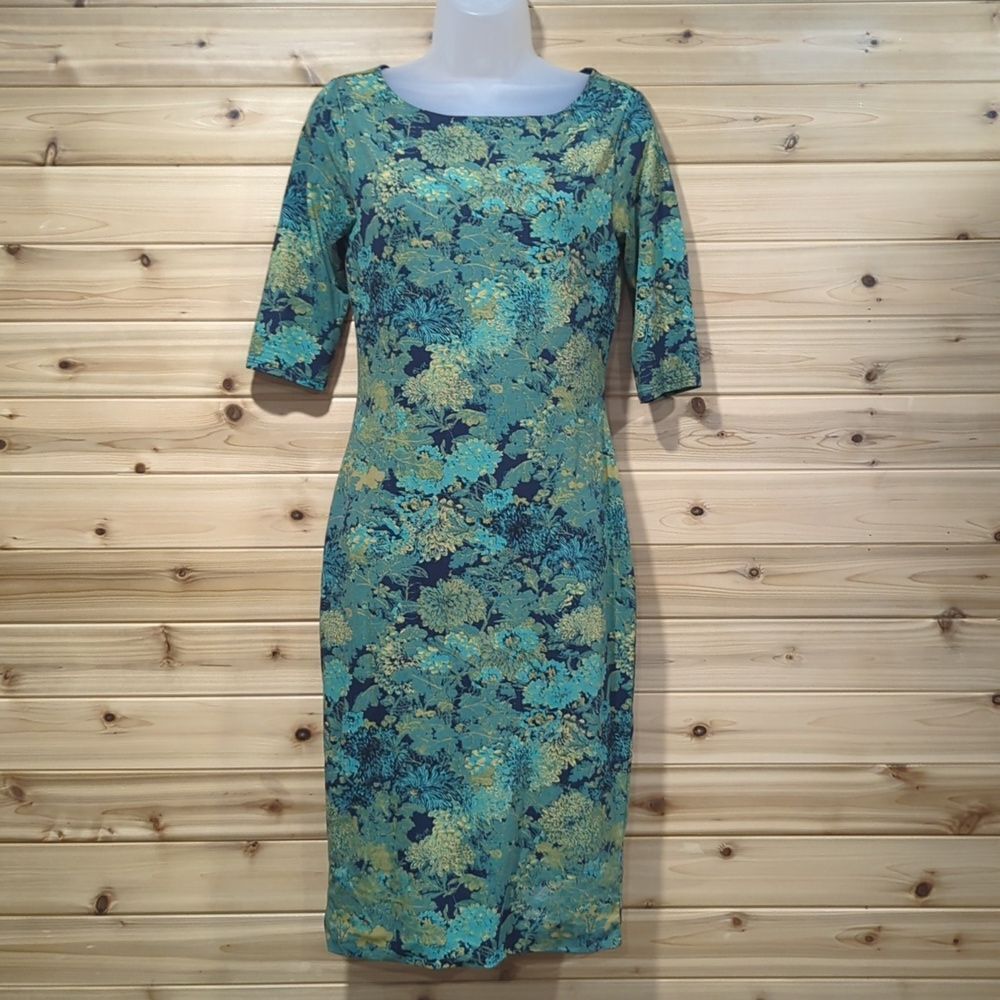 Peruvian Connection Dress Womens XS Blue Green Pima Cotton Shift Midi
